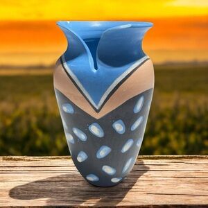 Blue & Beige Artistic Vase, Native American pottery, artist signature "Atiwaha"